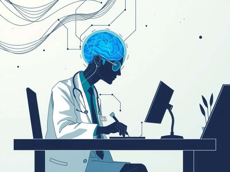 Neuropsychologist analyzing Brain Test game on tablet with brain scan overlay